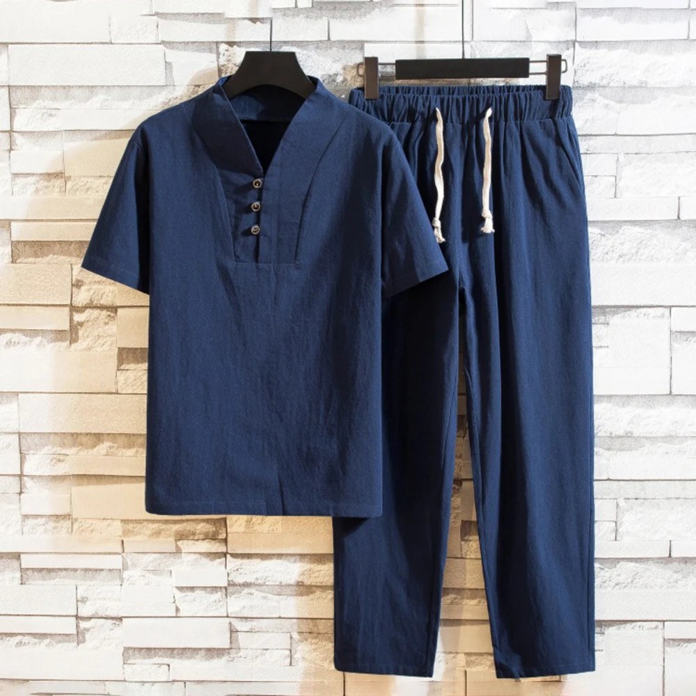 Yeni varış erkek pamuk ve keten kısa kollu tişört + ayak bileği uzunluğu pantolon seti katı gömlek + pantolon ev takım elbise erkek boyutu S-3XL - Görsel 3