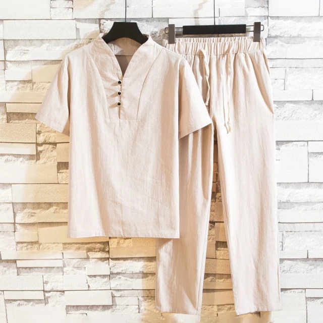 Yeni varış erkek pamuk ve keten kısa kollu tişört + ayak bileği uzunluğu pantolon seti katı gömlek + pantolon ev takım elbise erkek boyutu S-3XL