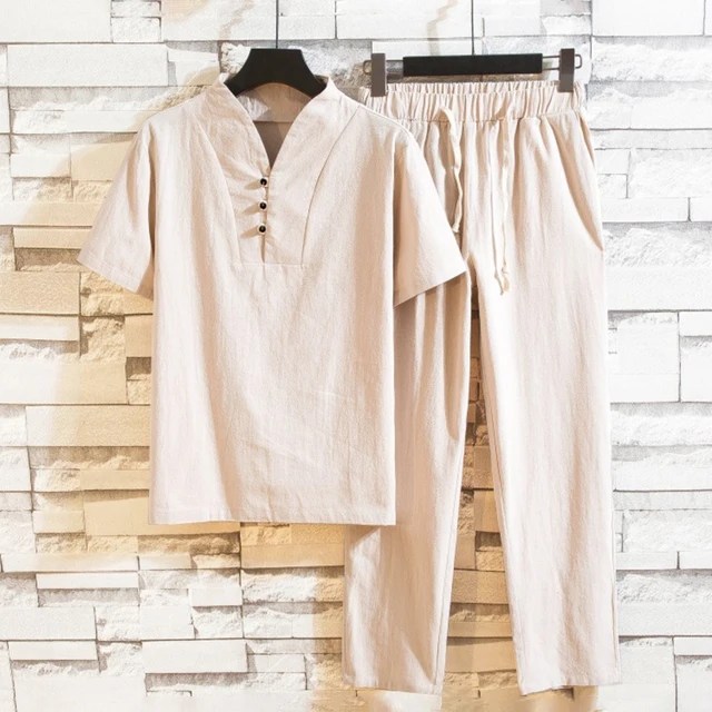 Yeni varış erkek pamuk ve keten kısa kollu tişört + ayak bileği uzunluğu pantolon seti katı gömlek + pantolon ev takım elbise erkek boyutu S-3XL - Görsel 16