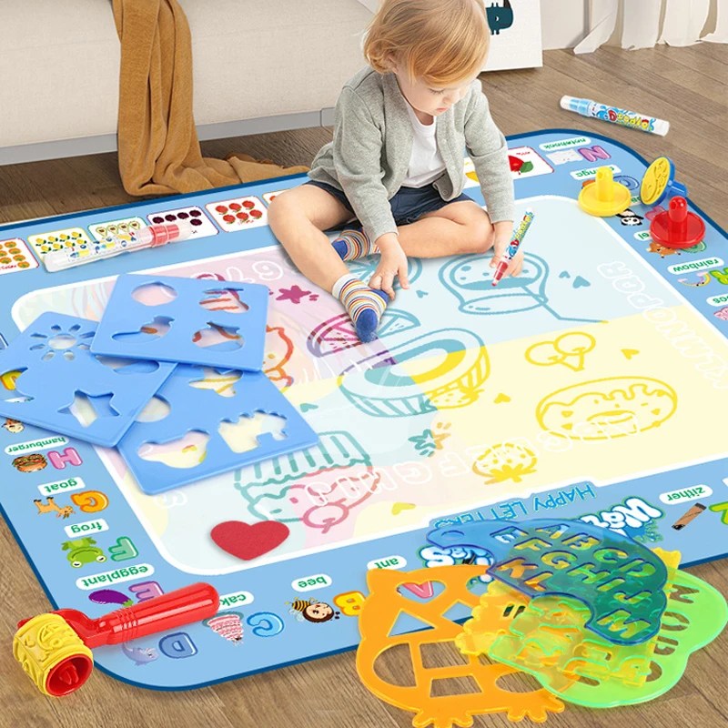 Yeniden kullanılabilir sihirli kalemler ile 100x80CM sihirli su çizim matı boyama Doodle Montessori boyama kurulu Montessori eğitici oyuncaklar