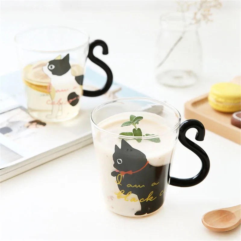 Şeffaf sevimli kedi cam su içme kahve kupa kap seti süt suyu içecek kupalar fincan severler için Kawaii çay Drinkware hediye