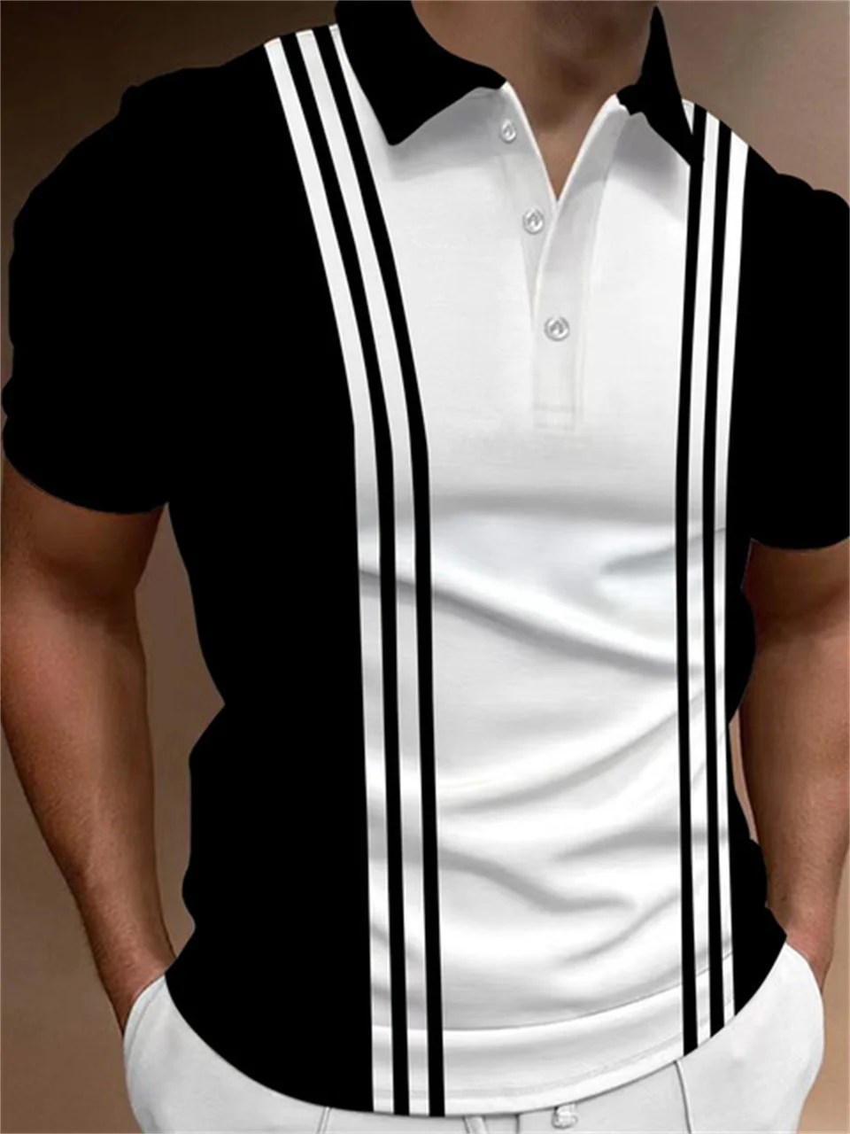 Şerit ekleme renkler yaz yeni erkek Polo turn-aşağı yaka çizgili nefes moda tişörtler erkek rahat kısa kollu Tops