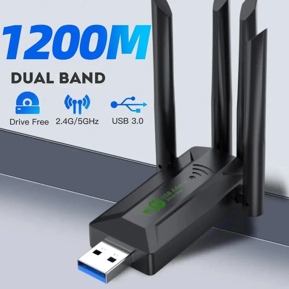 Çift bant USB wifi 1200Mbps adaptörü 4 anten ile 2.4GHz 5GHz WiFi PC Mini bilgisayar 600Mbps ağ kartı alıcısı