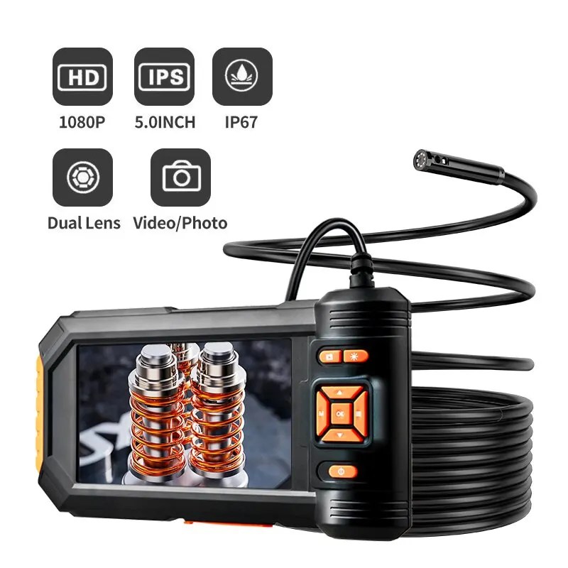 Çift ve üçlü Lens endüstriyel endoskop 1080P 5 'LCD Borescope muayene kamera ile 8mm IP67 su geçirmez yılan kamera için araba