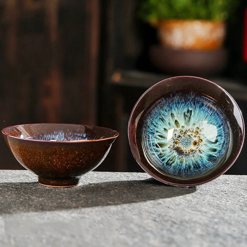 Çin fırın değişimi seramik Jianzhan çay bardağı Retro Temmoku sır çay fincanı mavi çömlek çay kasesi ev Teaware Master bardak toptan - Görsel 3