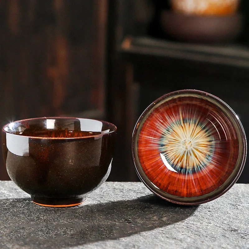 Çin fırın değişimi seramik Jianzhan çay bardağı Retro Temmoku sır çay fincanı mavi çömlek çay kasesi ev Teaware Master bardak toptan