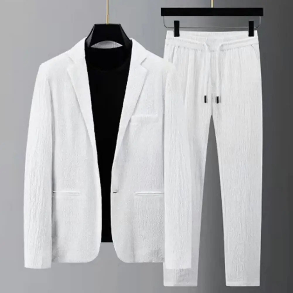 Çizgili pileli erkekler Blazer pantolon seti erkekler Set pileli İpli gevşek yaka cepler ince resmi iş iş iki parçalı takım elbise