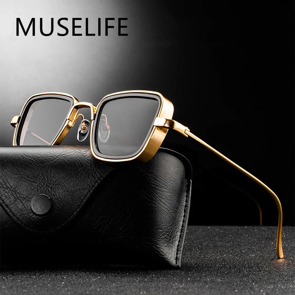 Şık Retro marka Shades erkekler kadınlar güneş gözlüğü UV400 kare Vintage Metal Steampunk güneş gözlüğü