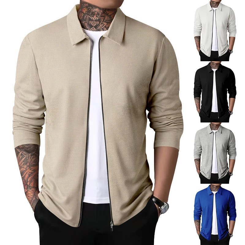 İlkbahar ve sonbahar 2023 yeni erkek spor giyim, fermuarlı uzun kollu polo GÖMLEK + polyester elyaf, katı damalı