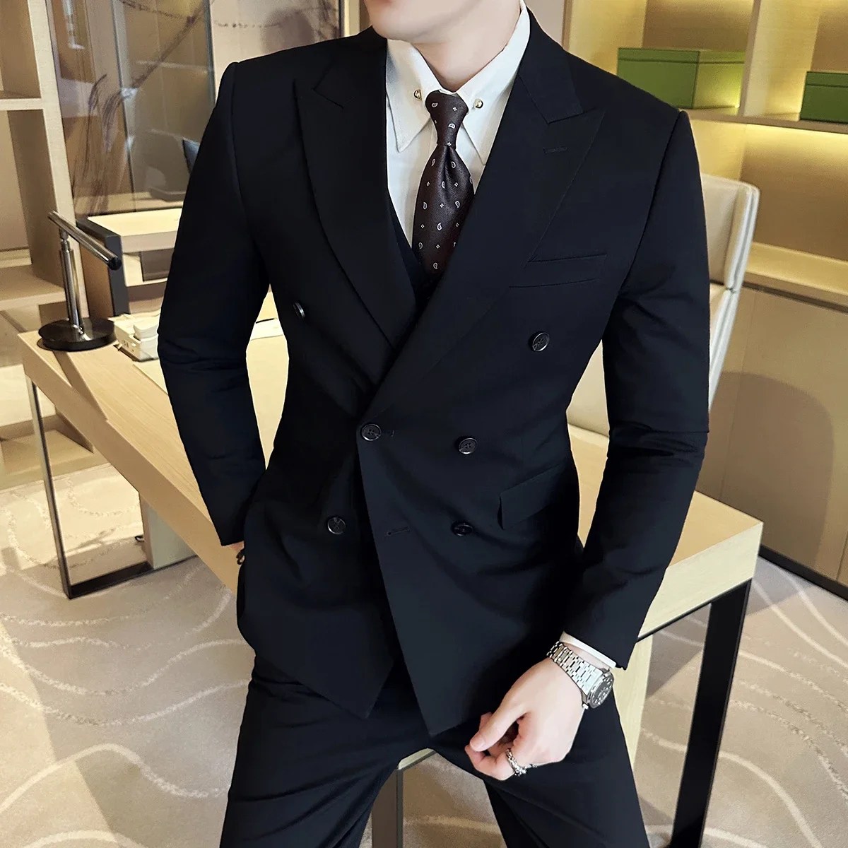 İngiliz tarzı çift göğüslü tasarım erkek takım elbise resmi iş Slim Fit Casual Suit setleri erkekler düğün smokin 3 parça Set