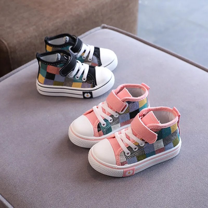 Çocuk Sneakers çocuklar rahat ayakkabılar erkek kız kanvas ayakkabılar yüksek üst damalı kafes moda nefes yumuşak bahar - Görsel 2