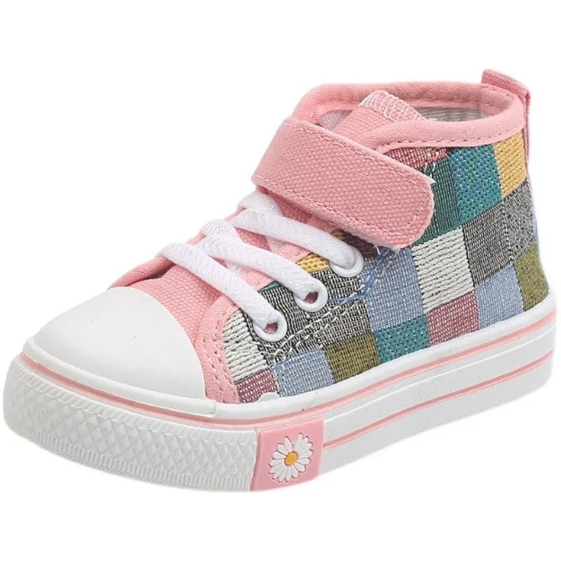 Çocuk Sneakers çocuklar rahat ayakkabılar erkek kız kanvas ayakkabılar yüksek üst damalı kafes moda nefes yumuşak bahar - Görsel 4