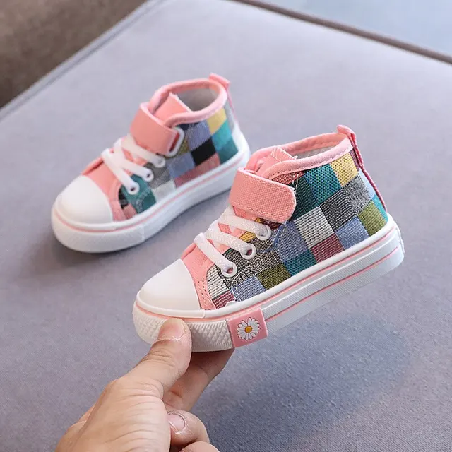 Çocuk Sneakers çocuklar rahat ayakkabılar erkek kız kanvas ayakkabılar yüksek üst damalı kafes moda nefes yumuşak bahar
