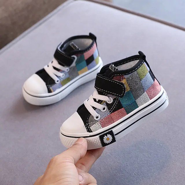 Çocuk Sneakers çocuklar rahat ayakkabılar erkek kız kanvas ayakkabılar yüksek üst damalı kafes moda nefes yumuşak bahar - Görsel 13
