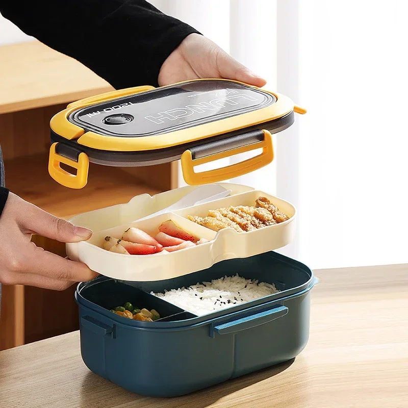 Çocuklar için 1200ml yemek kabı 2 katmanlar çocuk mikrodalga Bento kutusu kaşık çatal taşınabilir hermetik sızdırmaz yetişkinler gıda konteyner