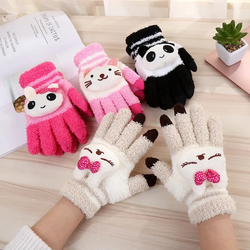 Çocuklar sevimli karikatür Panda kedi polar eldiven kış örgü eldivenler erkek kız yumuşak sıcak eldivenler hediye kadife kalın çocuk Guantes