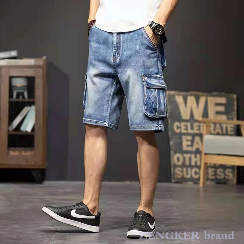 Çok cep takım beş noktalı kot şort erkek gevşek büyük boy kırpılmış pantolon artı boyutu yaz ince kesit streetwear