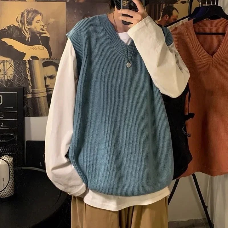 Örgü kazak erkek kolsuz erkek giyim düz renk yelek V boyun mavi artı boyutu sokak kore moda süveter
