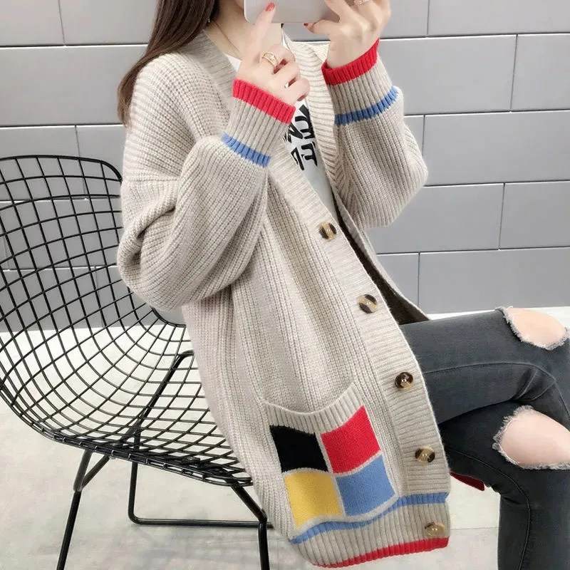 Örgü üstleri hırka kadın moda estetik cepler kazak ceket kış kadınlar için 2022 yeni Mix renk kazak hırka